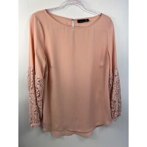 Apt 9‎ Top Womens Sz M Pink Long Sleeve Lace Trim at Wrist Colorful Casual Sheer